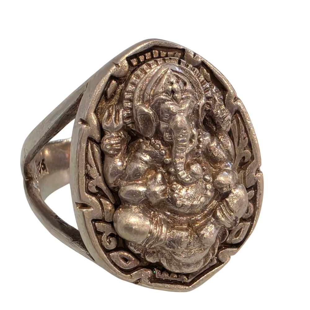 Vintage Ganesh Elephant Yoga 925 Sterling Silver Ring, Unisex, Size 9.25